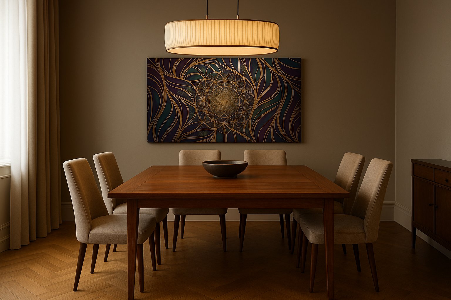 Midnight Bloom Mandala geometric canvas wall art shown in a contemporary interior mockup