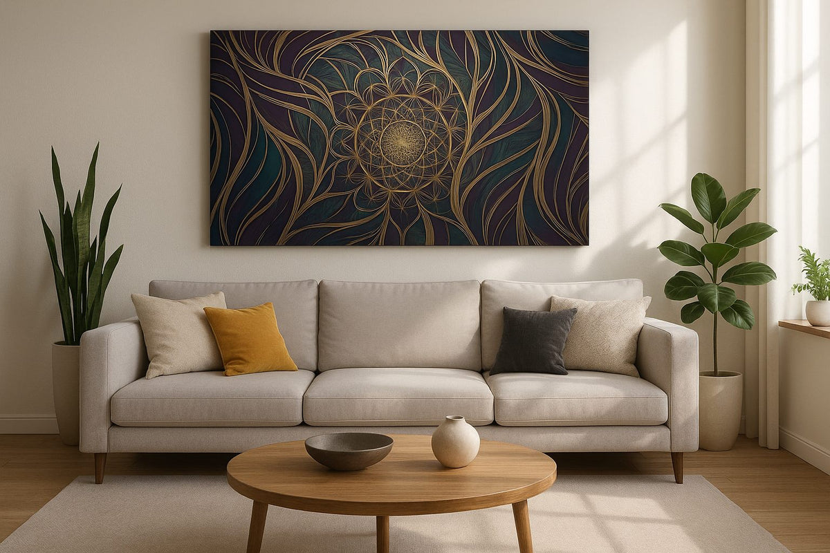 Midnight Bloom Mandala geometric canvas wall art displayed above a sofa in a styled living room scene