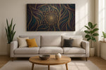 Midnight Bloom Mandala geometric canvas wall art displayed above a sofa in a styled living room scene