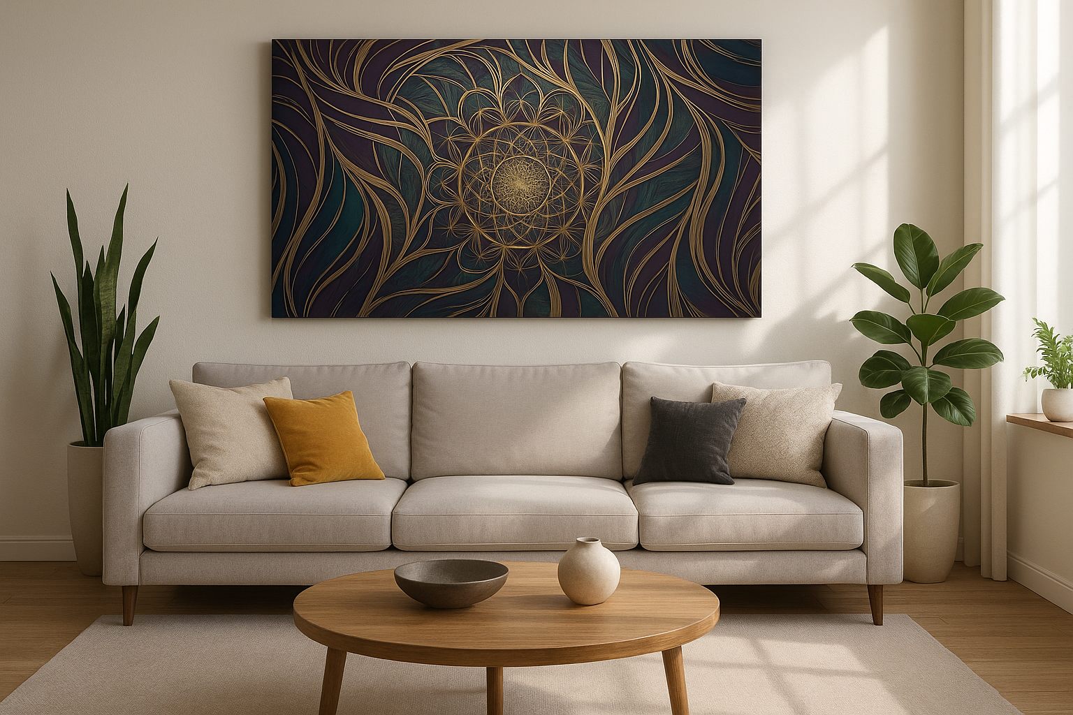 Midnight Bloom Mandala geometric canvas wall art displayed above a sofa in a styled living room scene