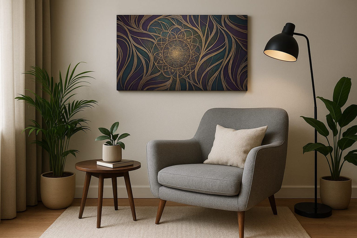 Midnight Bloom Mandala geometric canvas wall art displayed above a sofa in a modern living room