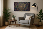 Midnight Bloom Mandala geometric canvas wall art displayed above a sofa in a modern living room