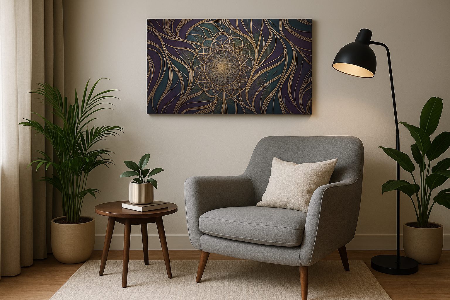 Midnight Bloom Mandala geometric canvas wall art displayed above a sofa in a modern living room