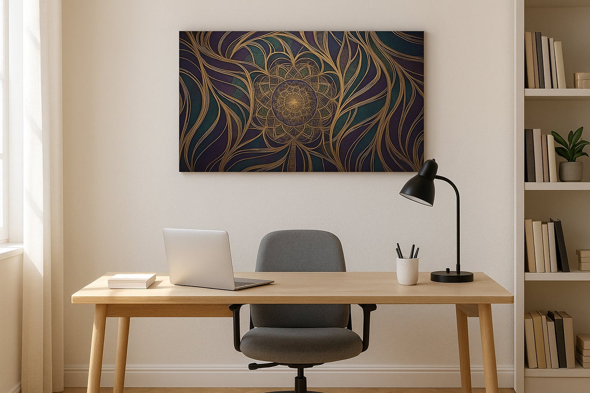 Midnight Bloom Mandala geometric canvas wall art shown hanging in a sleek modern interior
