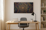 Midnight Bloom Mandala geometric canvas wall art shown hanging in a sleek modern interior