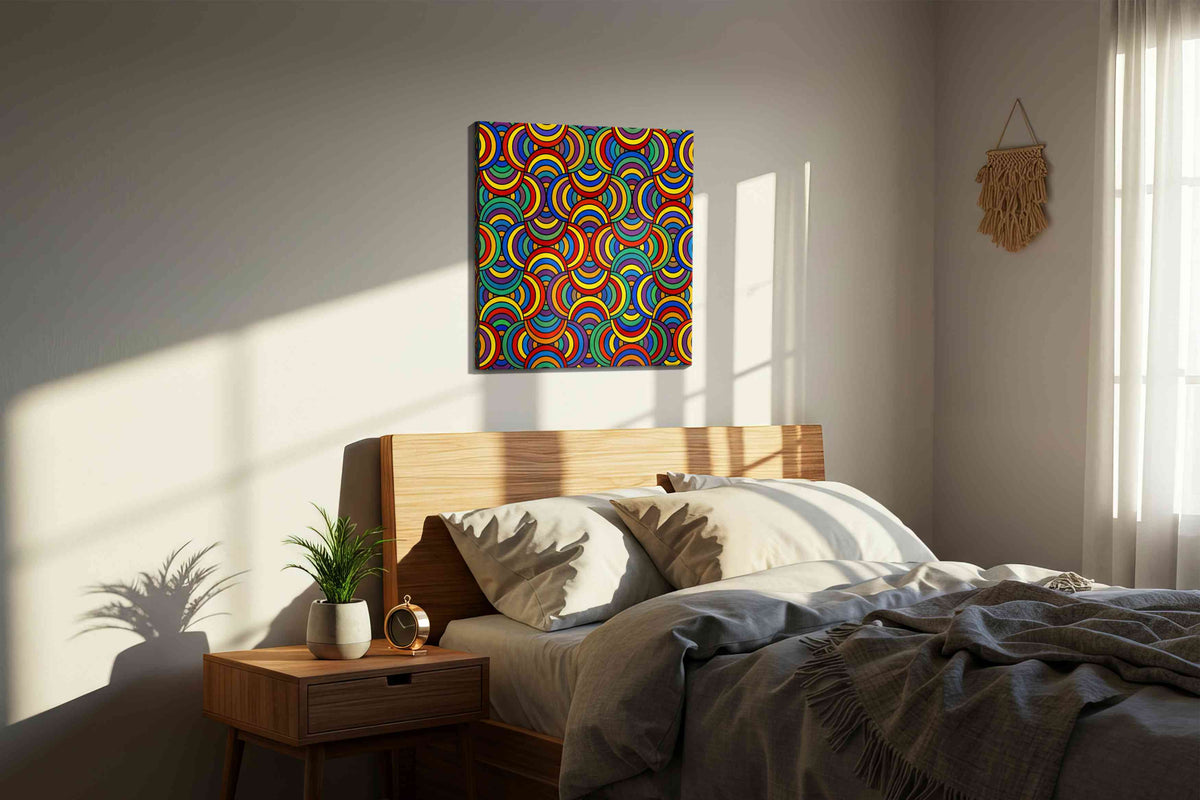 Prismatic Echo Arches geometric canvas wall art displayed above a bed in a styled bedroom scene