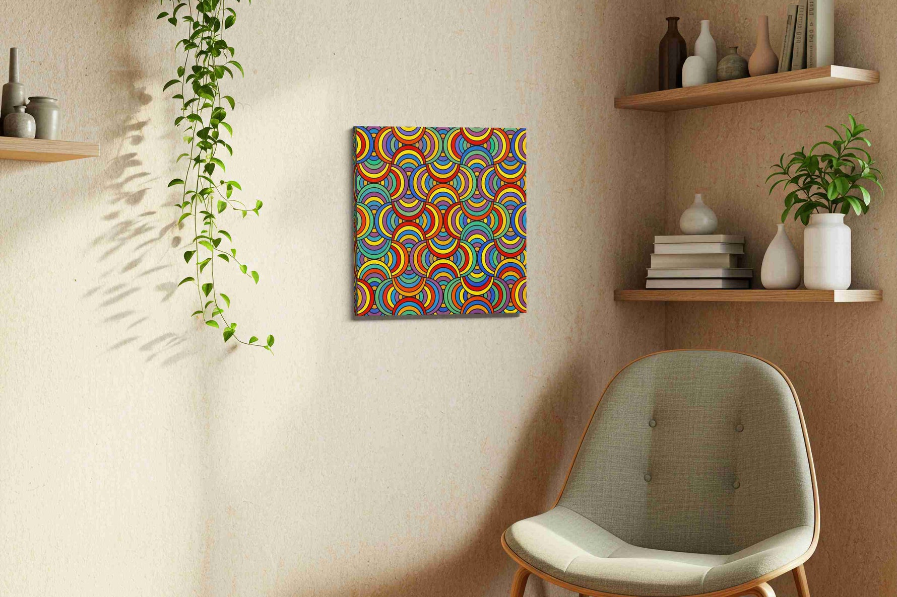 Prismatic Echo Arches geometric canvas wall art styled in a living room