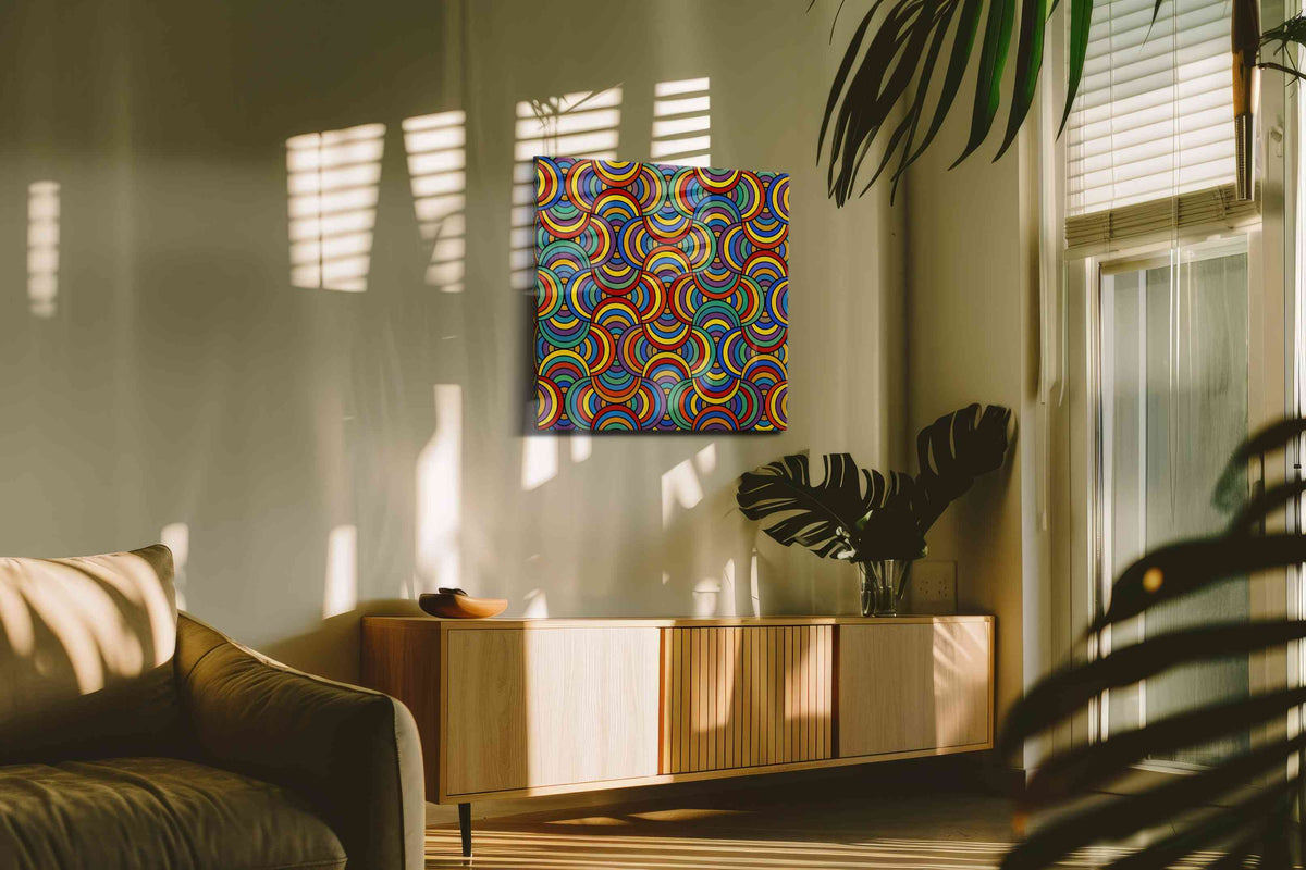 Prismatic Echo Arches geometric canvas wall art in a contemporary interior mockup