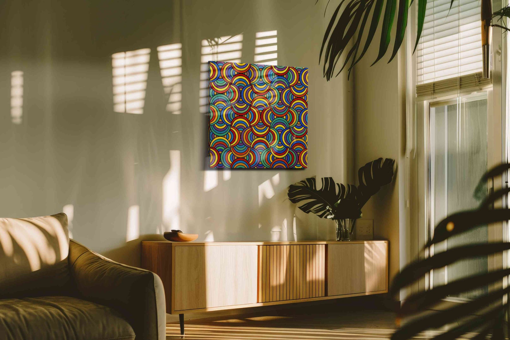 Prismatic Echo Arches geometric canvas wall art in a contemporary interior mockup