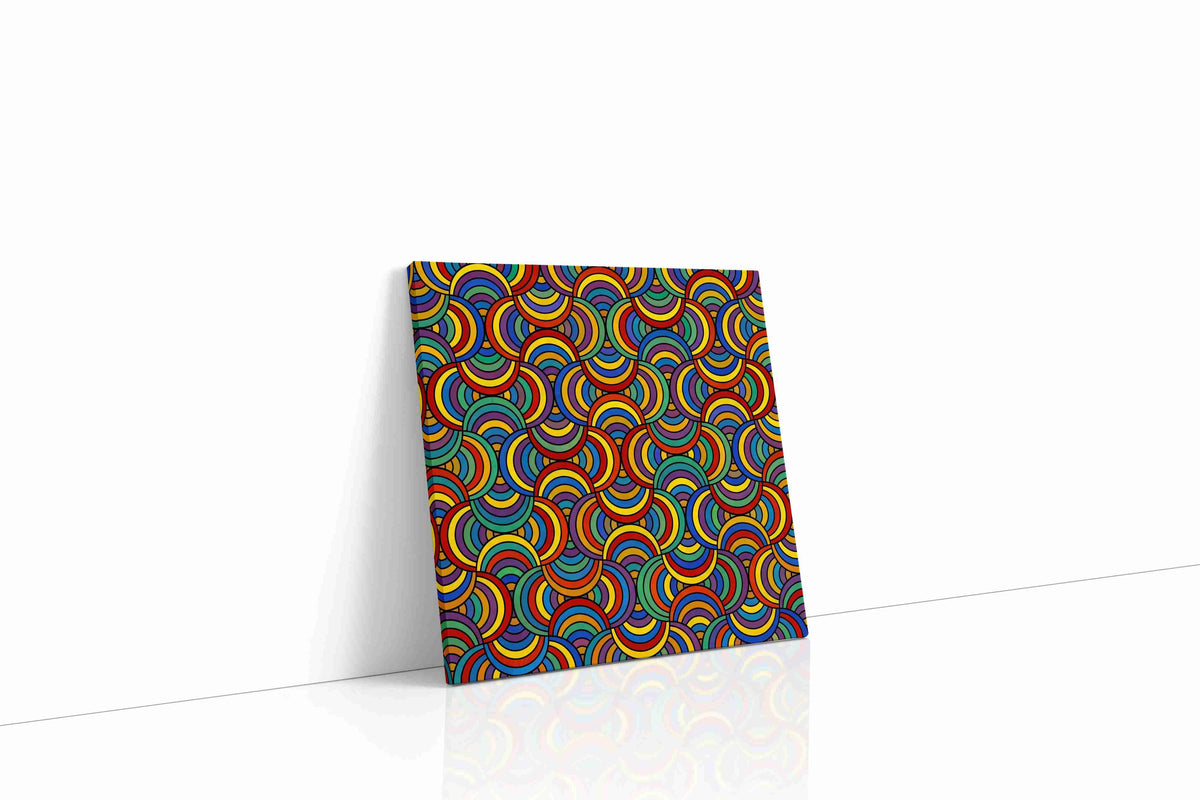 Prismatic Echo Arches geometric canvas wall art displayed above a sofa in a modern living room