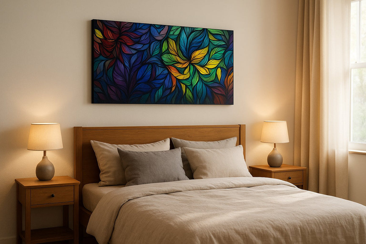 Prismatic Garden Reverie geometric canvas wall art displayed above a bed in a styled bedroom scene