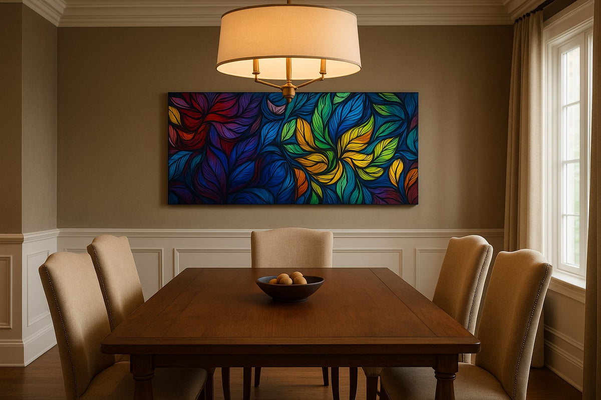 Prismatic Garden Reverie geometric canvas wall art displayed above a bed in a contemporary bedroom
