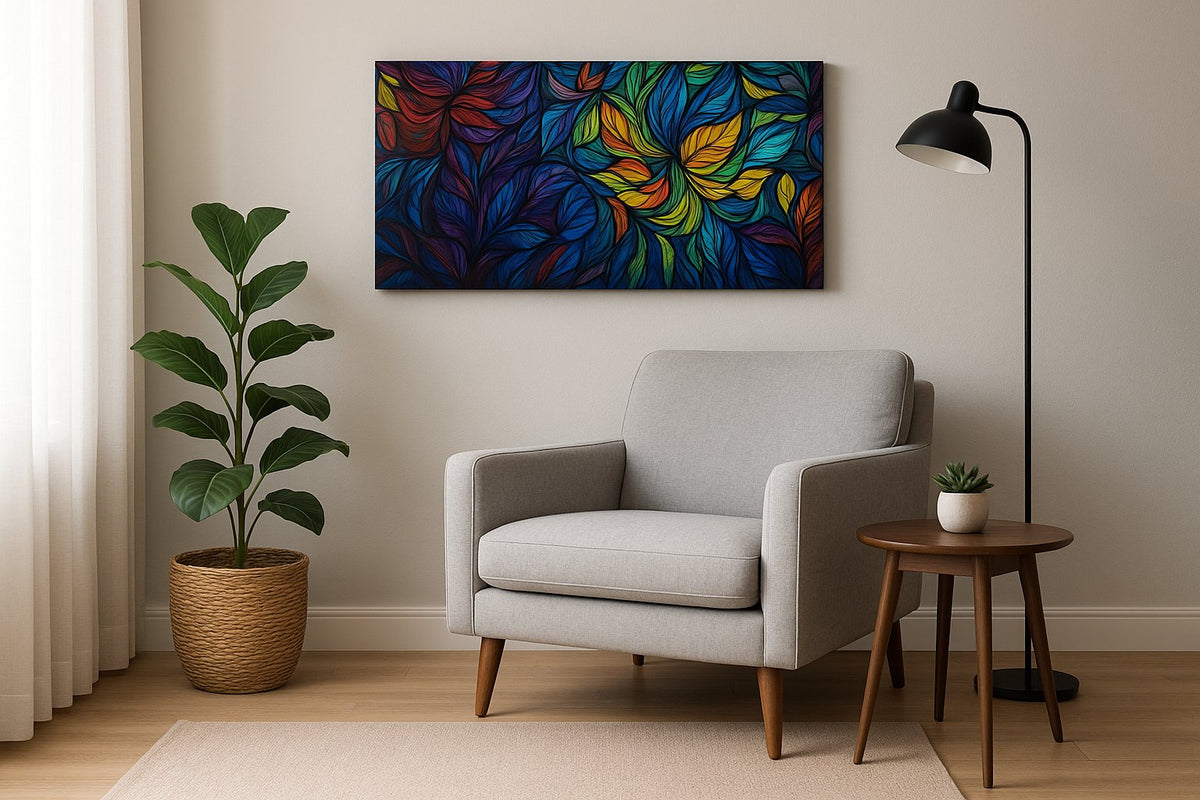 Prismatic Garden Reverie geometric canvas wall art displayed above a sofa in a modern living room