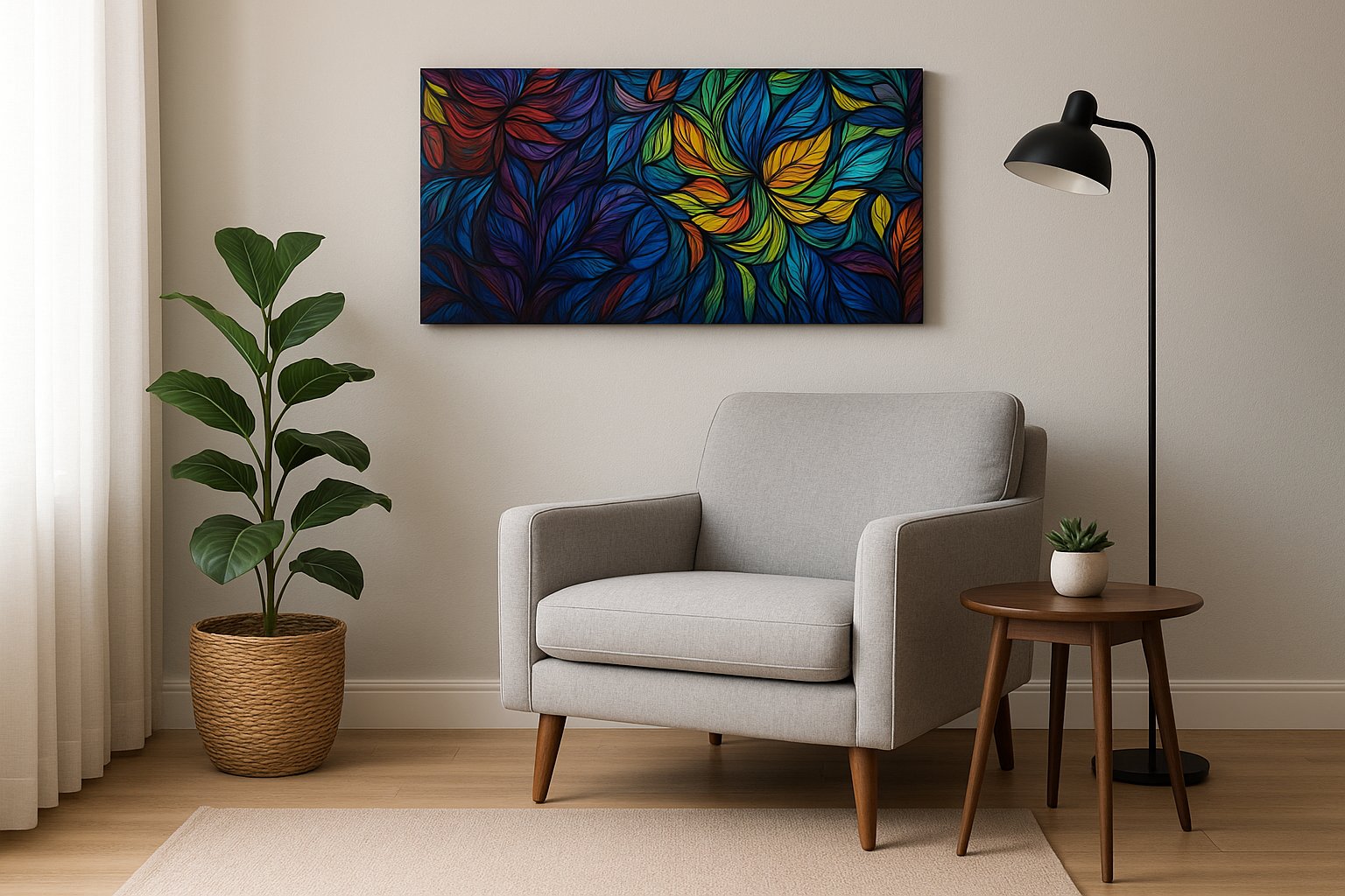 Prismatic Garden Reverie geometric canvas wall art displayed above a sofa in a modern living room