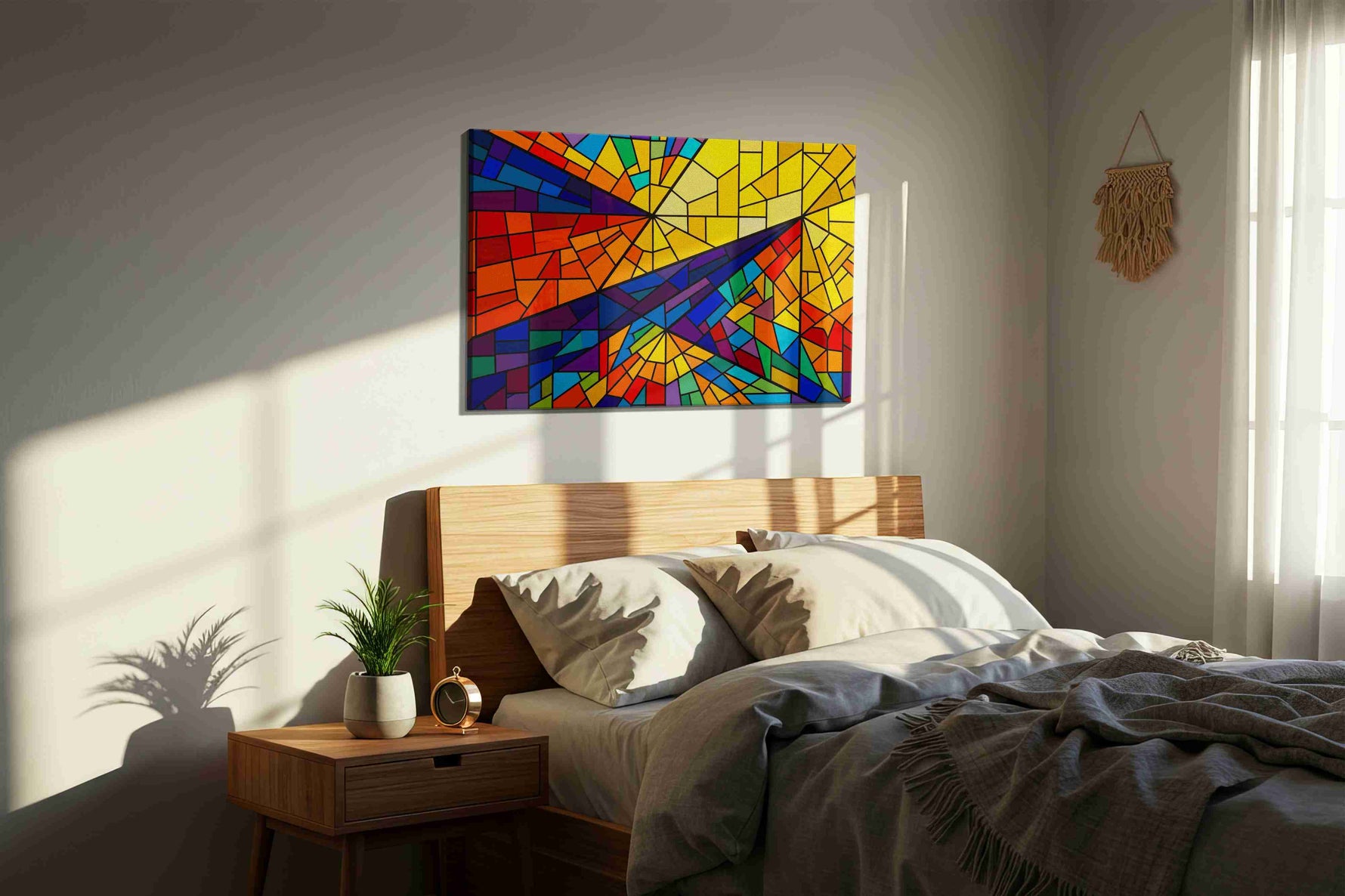 Solar Prism Rhapsody geometric canvas wall art displayed above a bed in a styled bedroom scene
