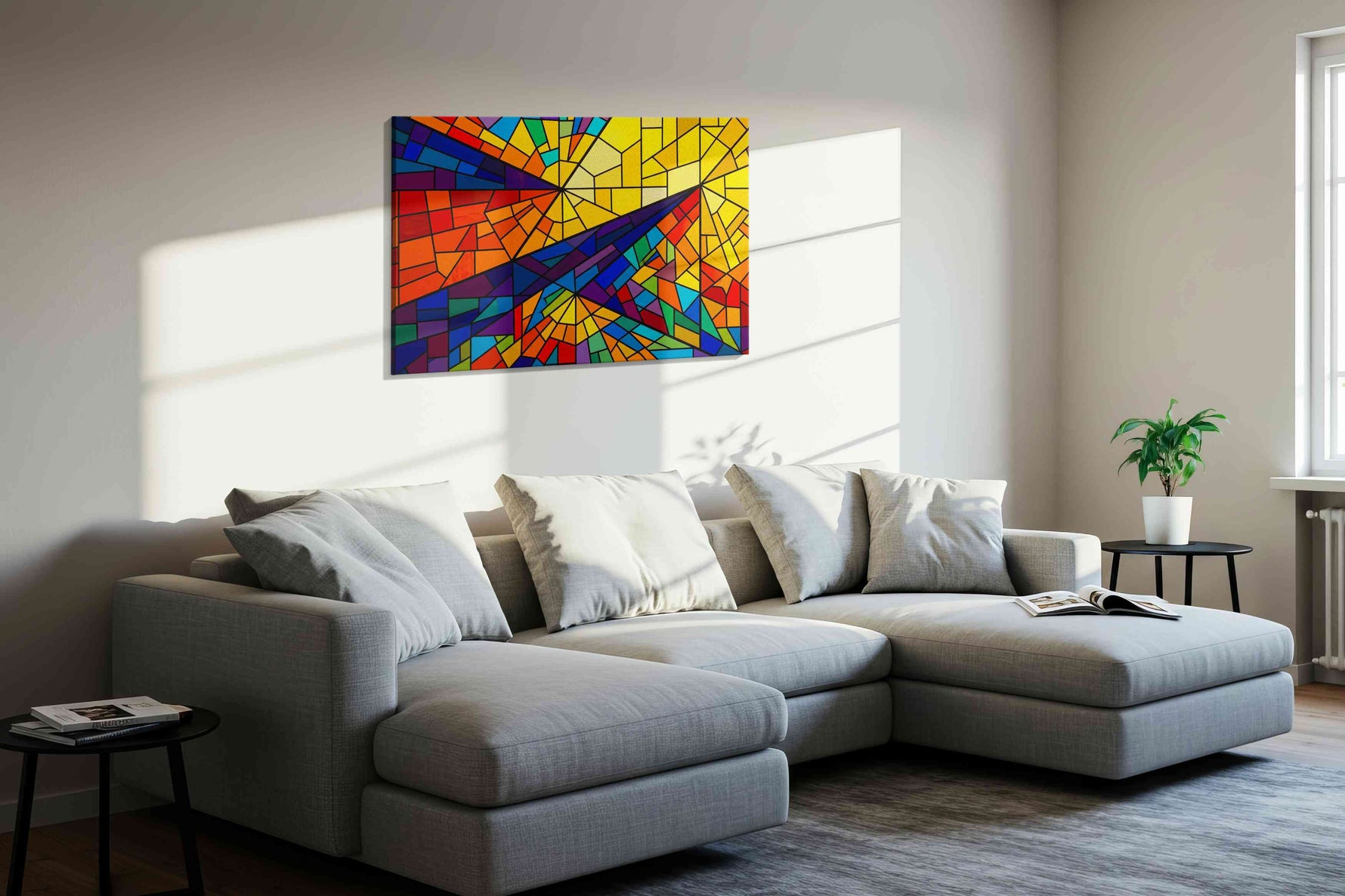 Solar Prism Rhapsody geometric canvas wall art displayed above a sofa in a styled living room scene