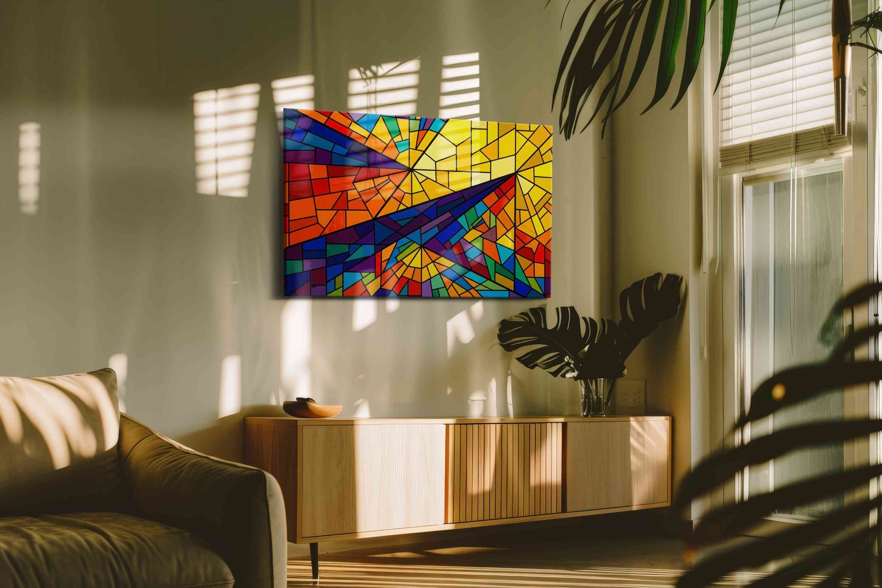 Solar Prism Rhapsody geometric canvas wall art in a contemporary interior mockup