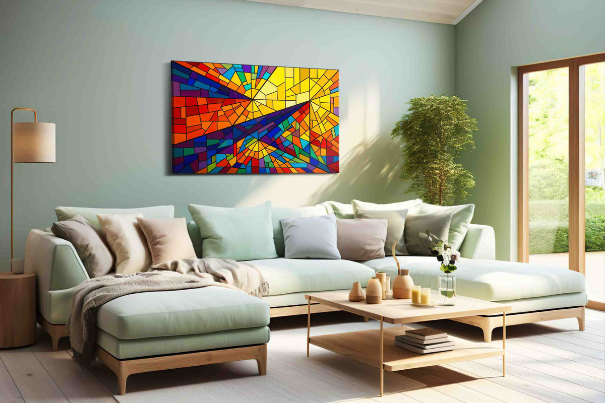 Solar Prism Rhapsody geometric canvas wall art shown hanging in a styled interior