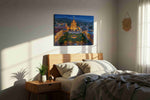 Cathedral of Celestial Quiet landmark canvas wall art displayed above a bed in a styled bedroom scene