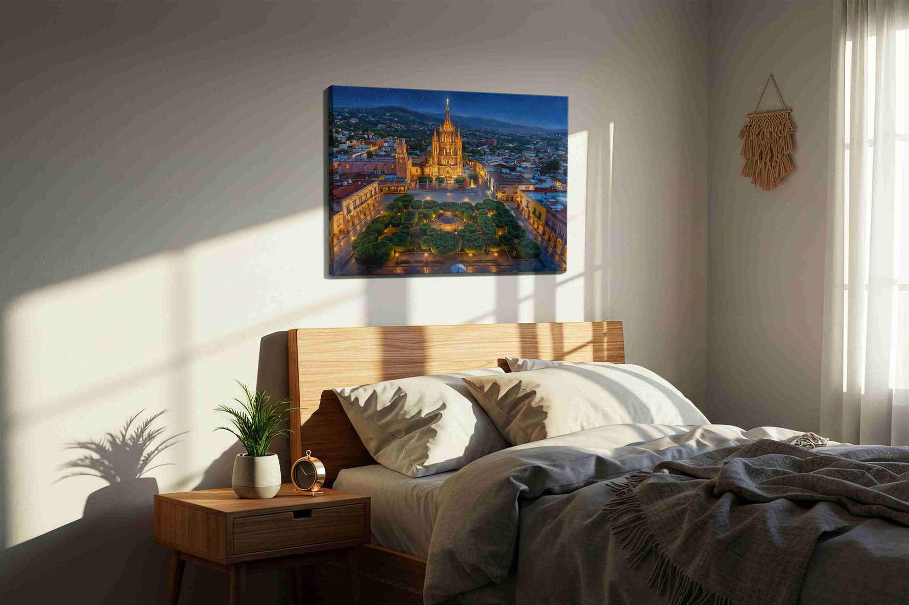 Cathedral of Celestial Quiet landmark canvas wall art displayed above a bed in a styled bedroom scene