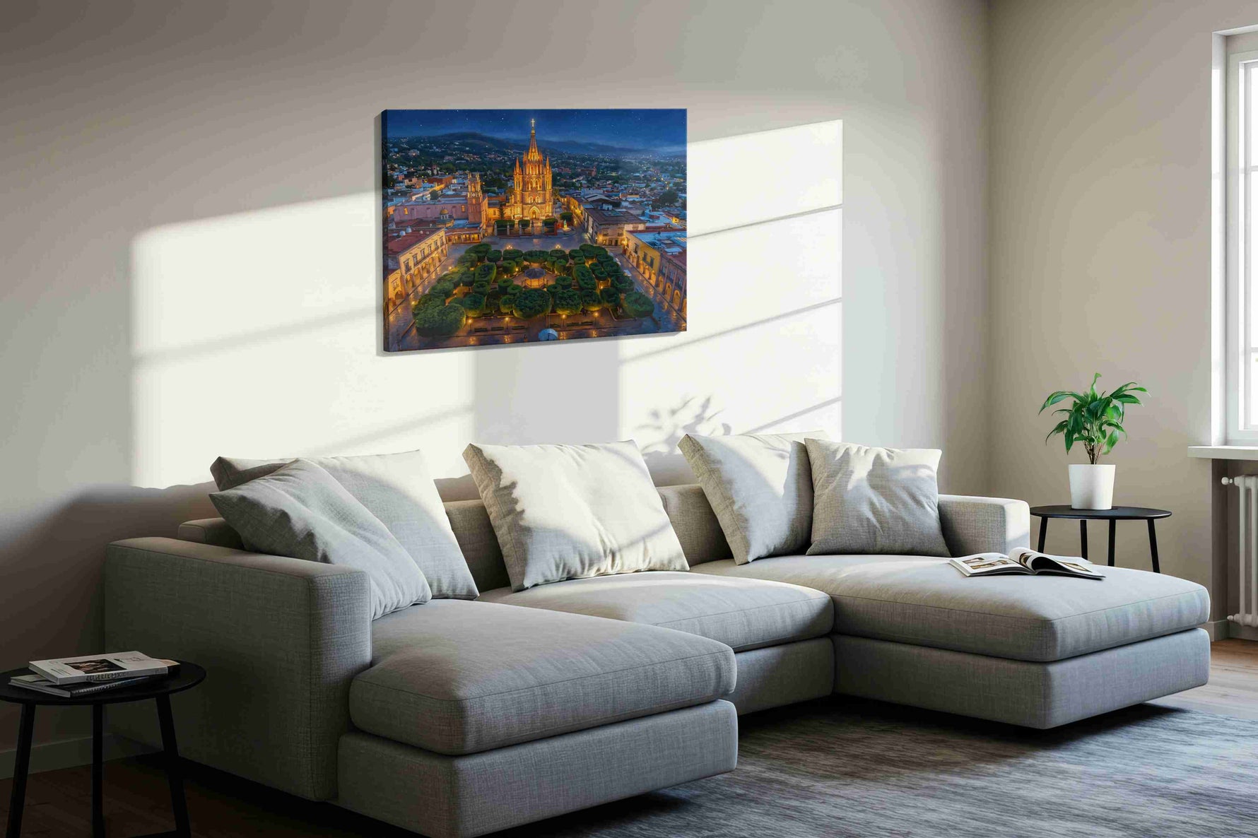 Cathedral of Celestial Quiet landmark canvas wall art styled in a living room