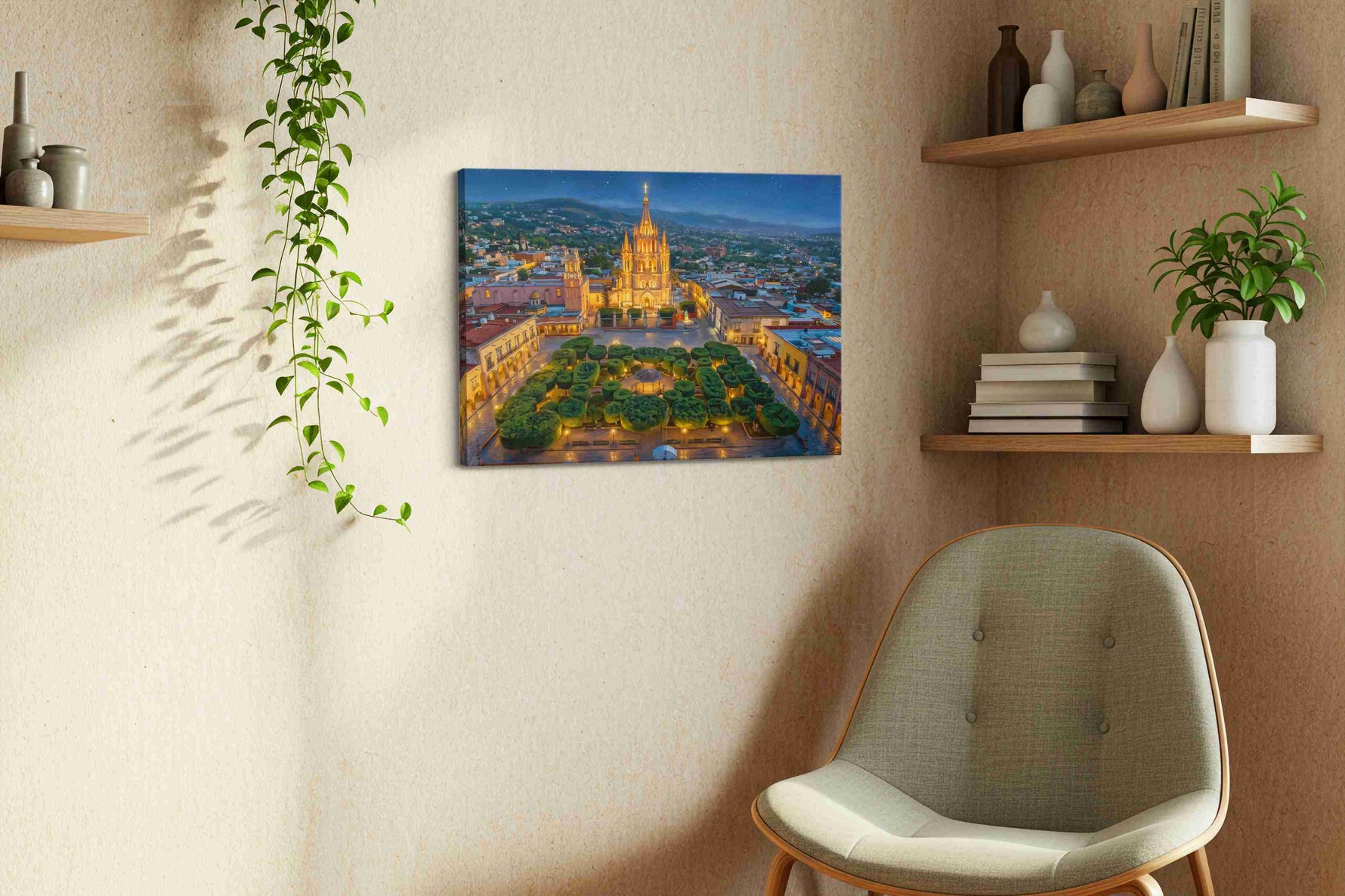 Cathedral of Celestial Quiet landmark canvas wall art displayed above a bed in a contemporary bedroom