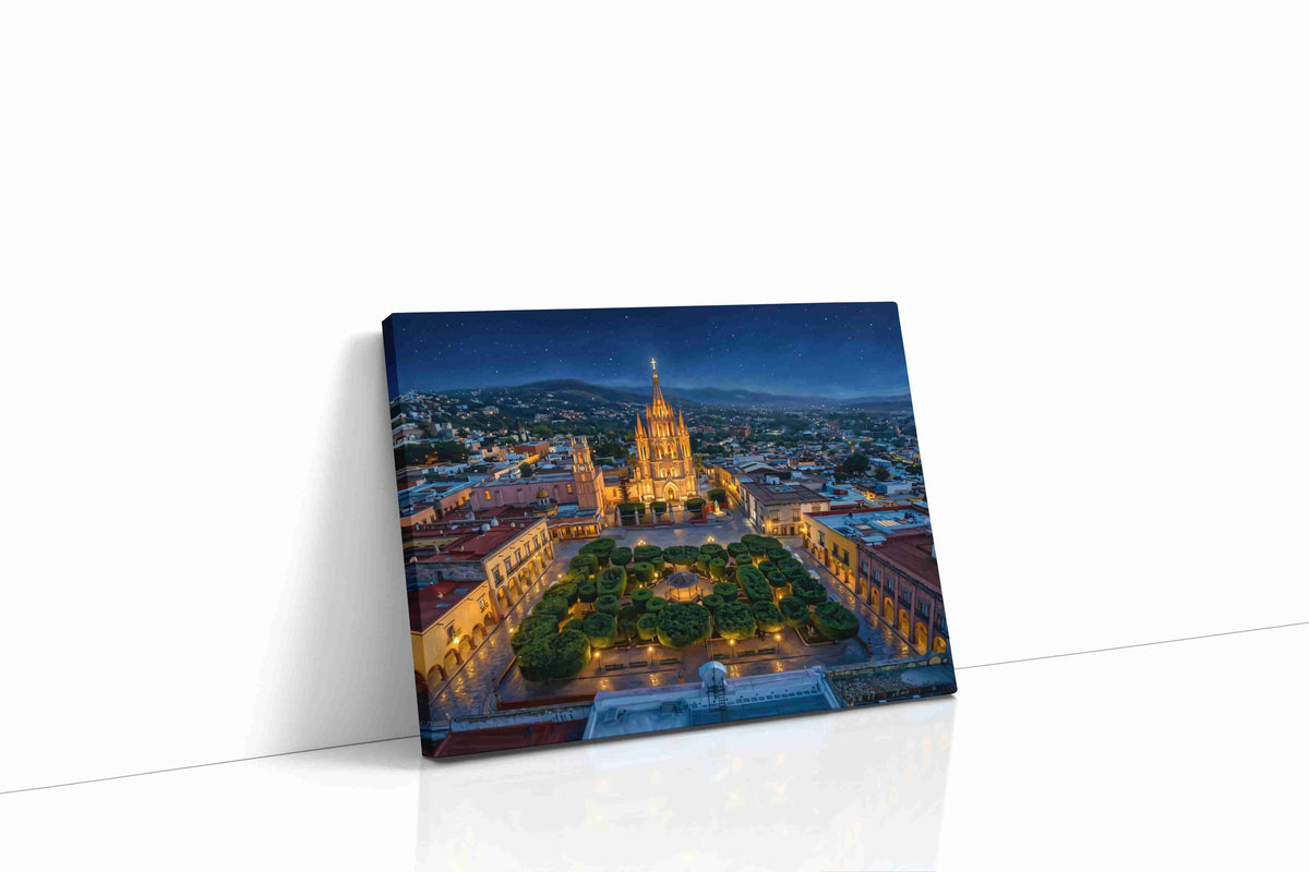 Cathedral of Celestial Quiet landmark canvas wall art displayed above a sofa in a modern living room
