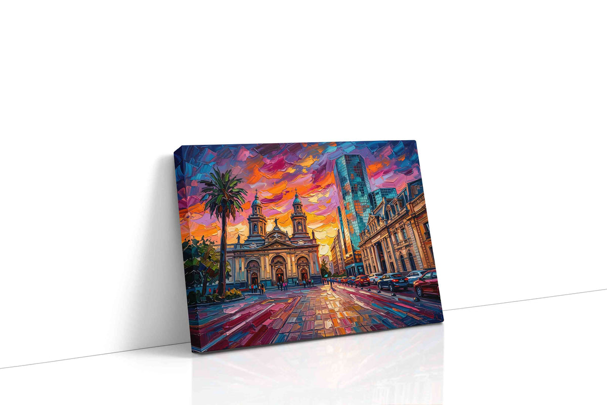 Cathedral of Electric Dusk landmark canvas wall art displayed above a sofa in a modern living room