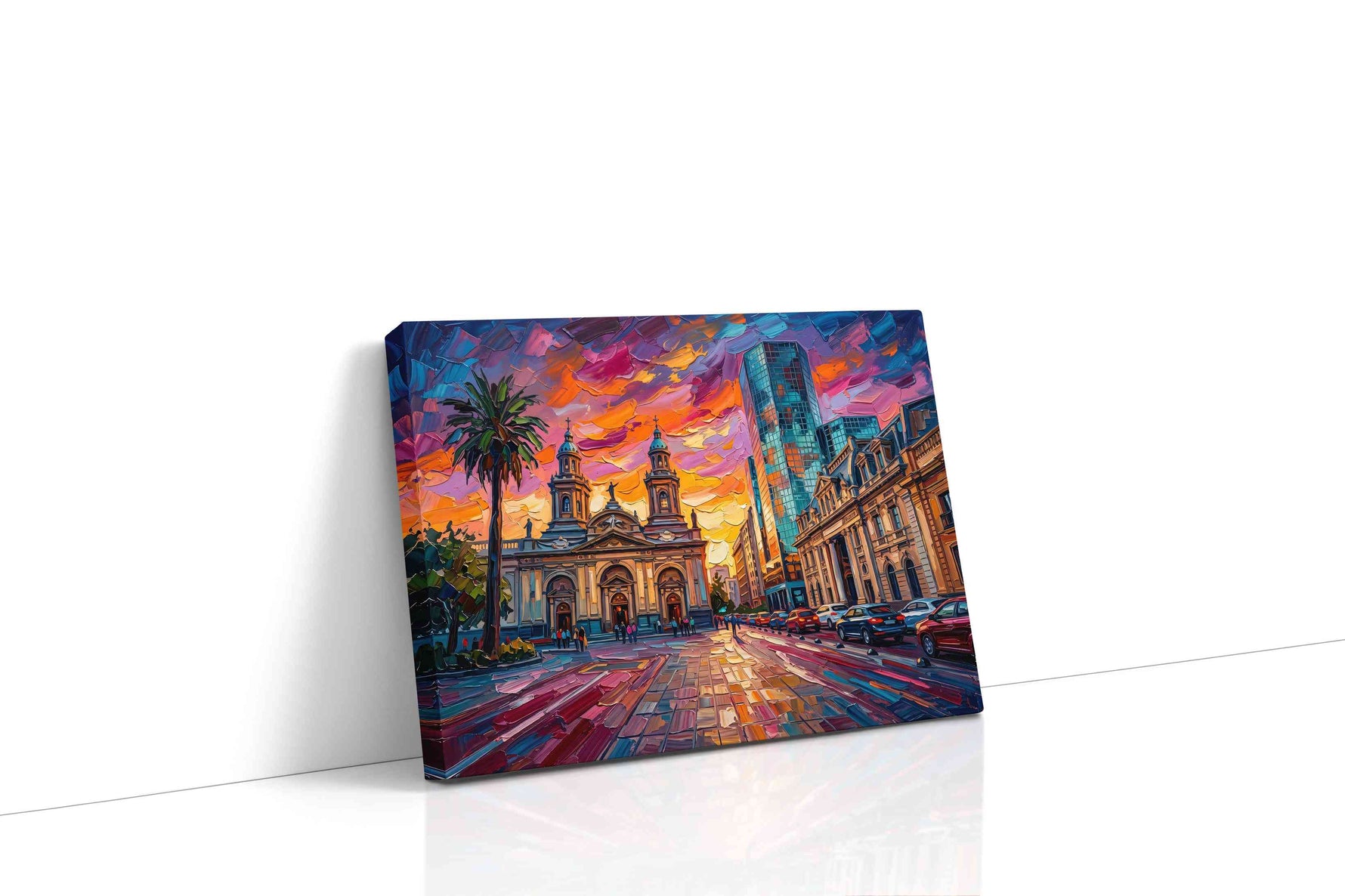 Cathedral of Electric Dusk landmark canvas wall art displayed above a sofa in a modern living room