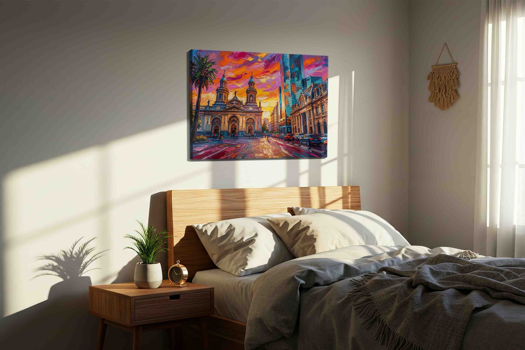 Cathedral of Electric Dusk landmark canvas wall art displayed above a bed in a styled bedroom scene