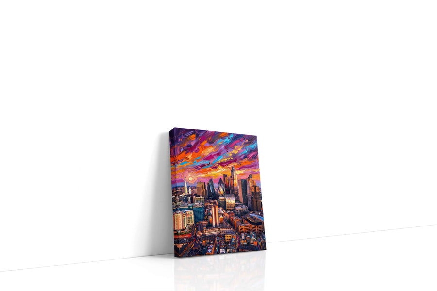 Chromatic Skyline Reverie landmark canvas wall art displayed above a sofa in a modern living room