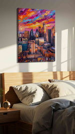 Chromatic Skyline Reverie landmark canvas wall art displayed above a bed in a styled bedroom scene