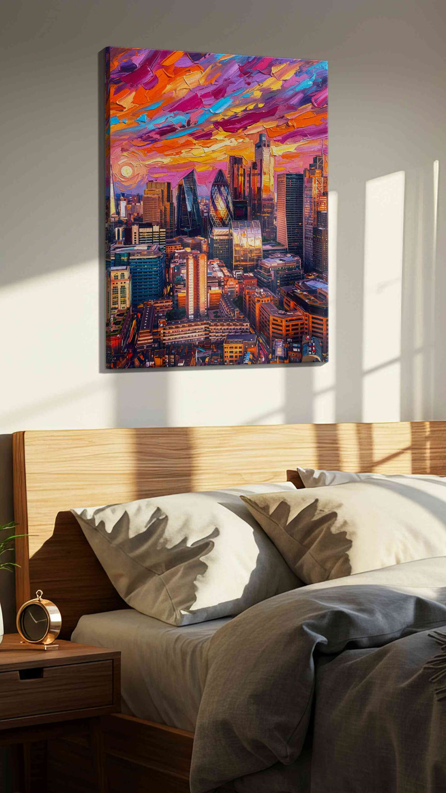 Chromatic Skyline Reverie landmark canvas wall art displayed above a bed in a styled bedroom scene