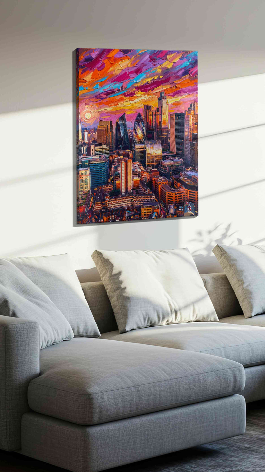 Chromatic Skyline Reverie landmark canvas wall art displayed above a sofa in a styled living room scene