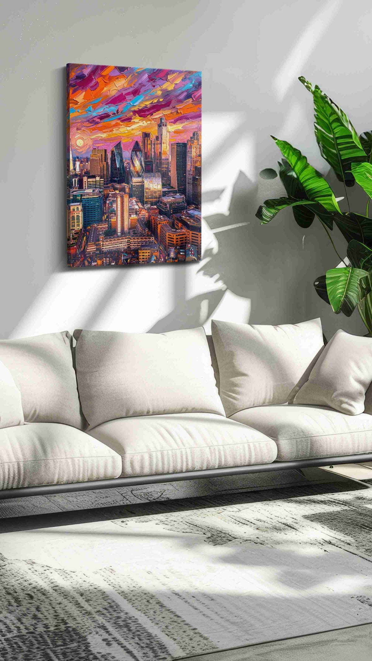 Chromatic Skyline Reverie landmark canvas wall art displayed above a bed in a contemporary bedroom