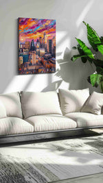 Chromatic Skyline Reverie landmark canvas wall art displayed above a bed in a contemporary bedroom