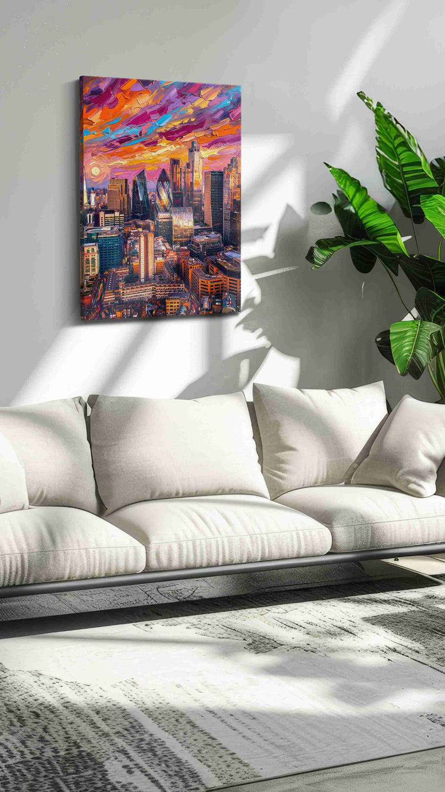 Chromatic Skyline Reverie landmark canvas wall art displayed above a bed in a contemporary bedroom