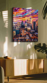 Chromatic Skyline Reverie landmark canvas wall art shown hanging in a styled interior