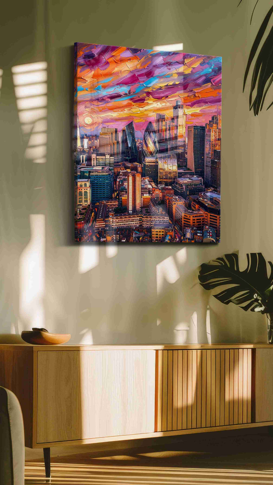 Chromatic Skyline Reverie landmark canvas wall art shown hanging in a styled interior