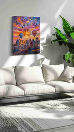 Emberlift Over Painted Peaks landmark canvas wall art displayed above a bed in a contemporary bedroom