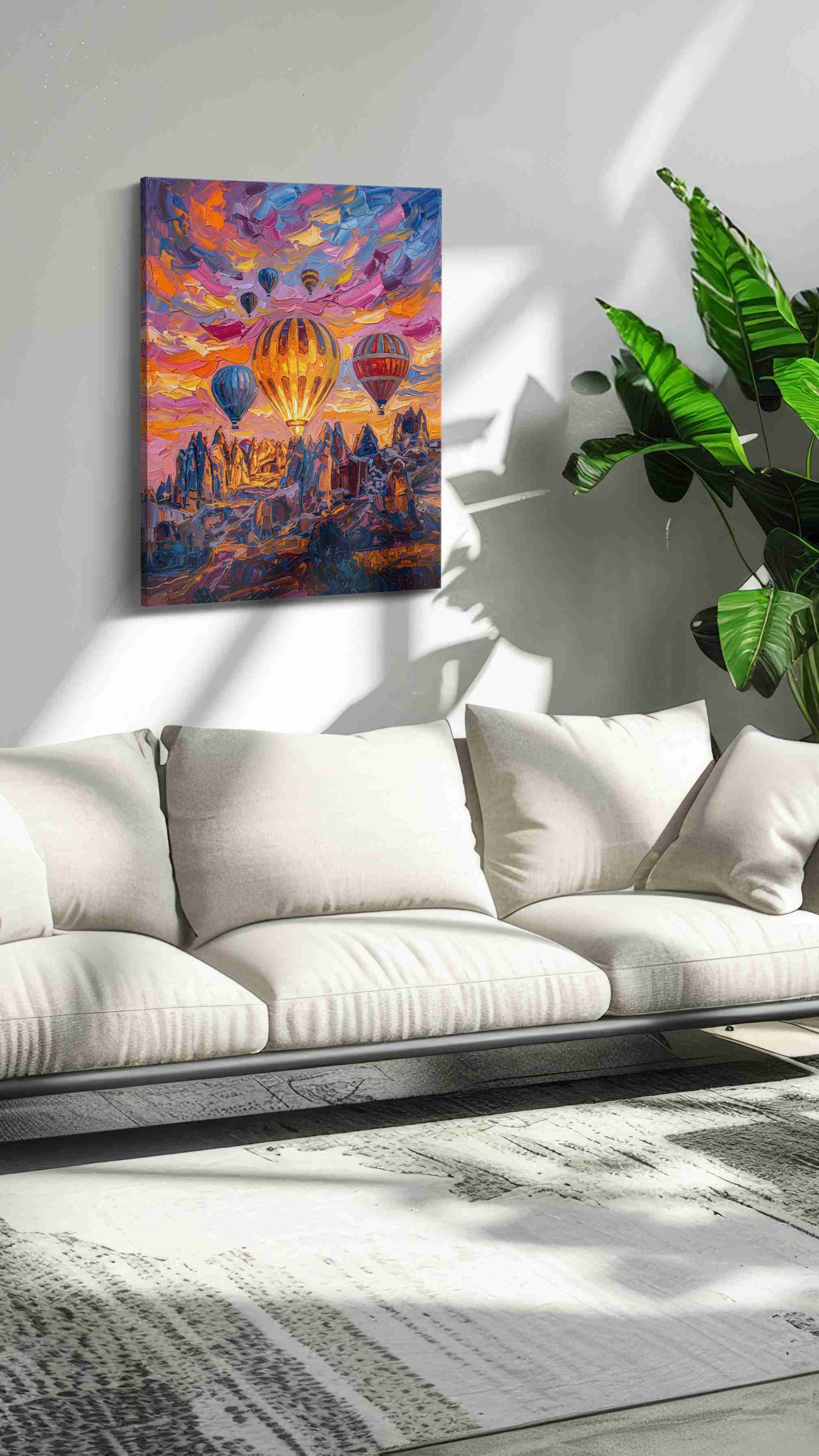 Emberlift Over Painted Peaks landmark canvas wall art displayed above a bed in a contemporary bedroom