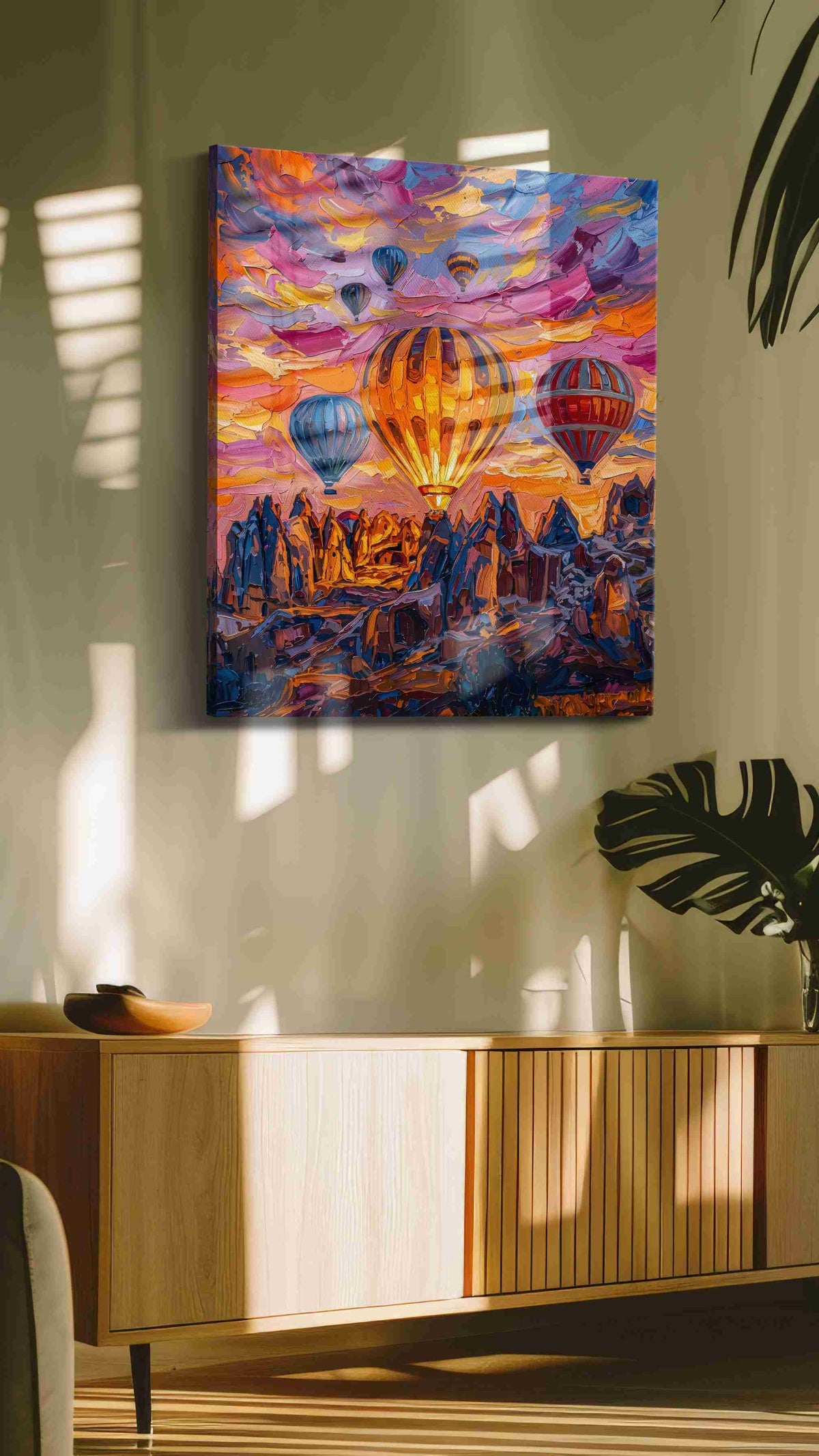 Emberlift Over Painted Peaks landmark canvas wall art shown hanging in a styled interior