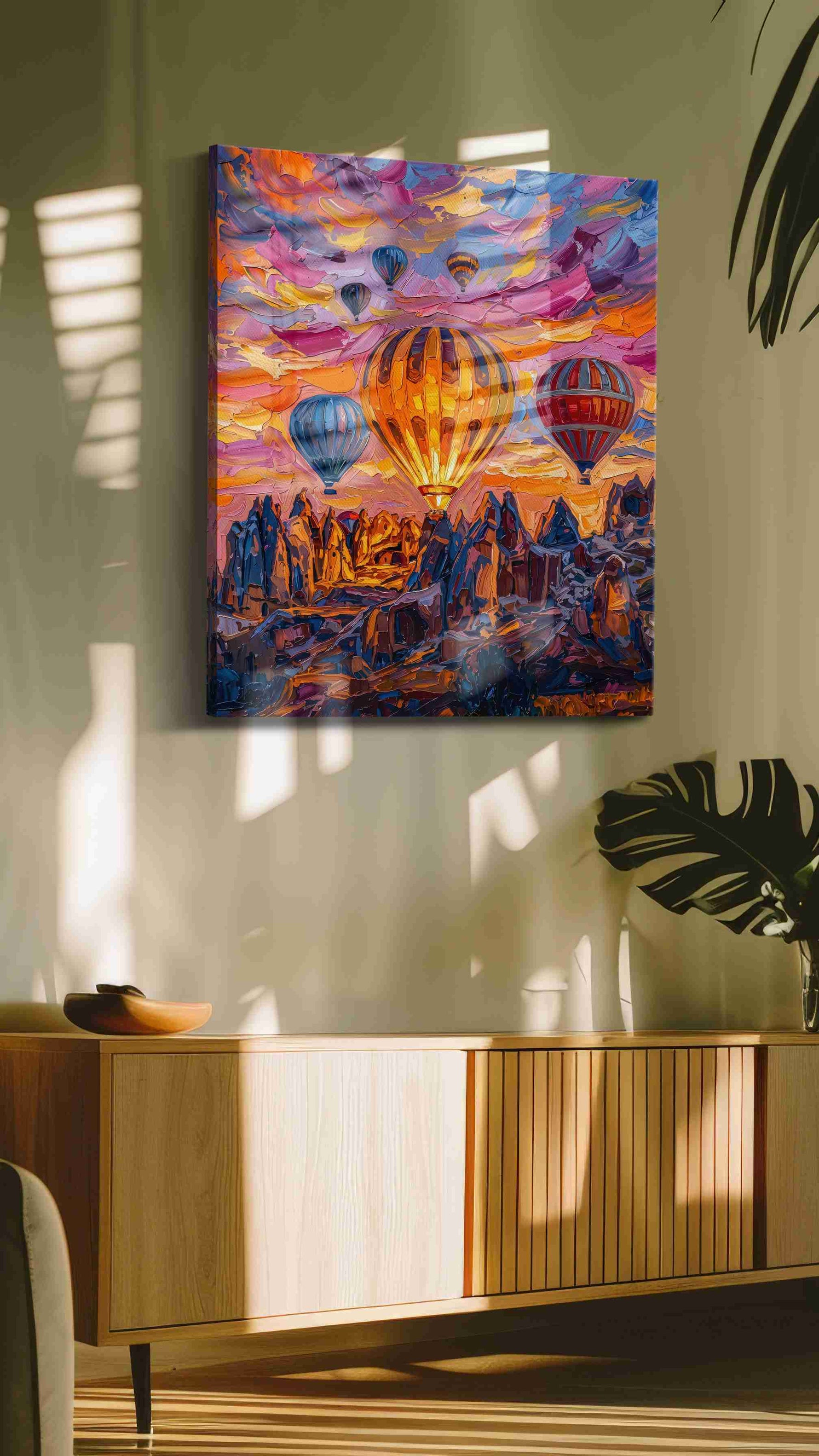 Emberlift Over Painted Peaks landmark canvas wall art shown hanging in a styled interior