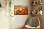 Emberlight Over Rouen Square landmark canvas wall art displayed above a sofa in a modern living room