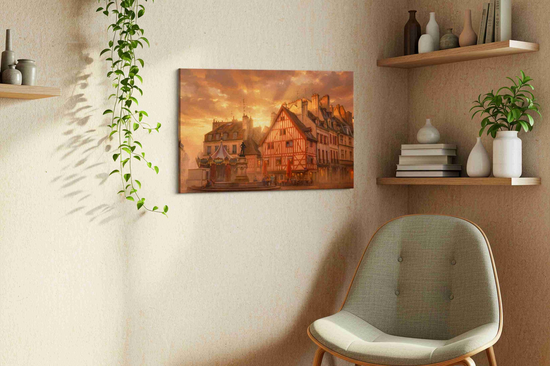 Emberlight Over Rouen Square landmark canvas wall art displayed above a sofa in a modern living room