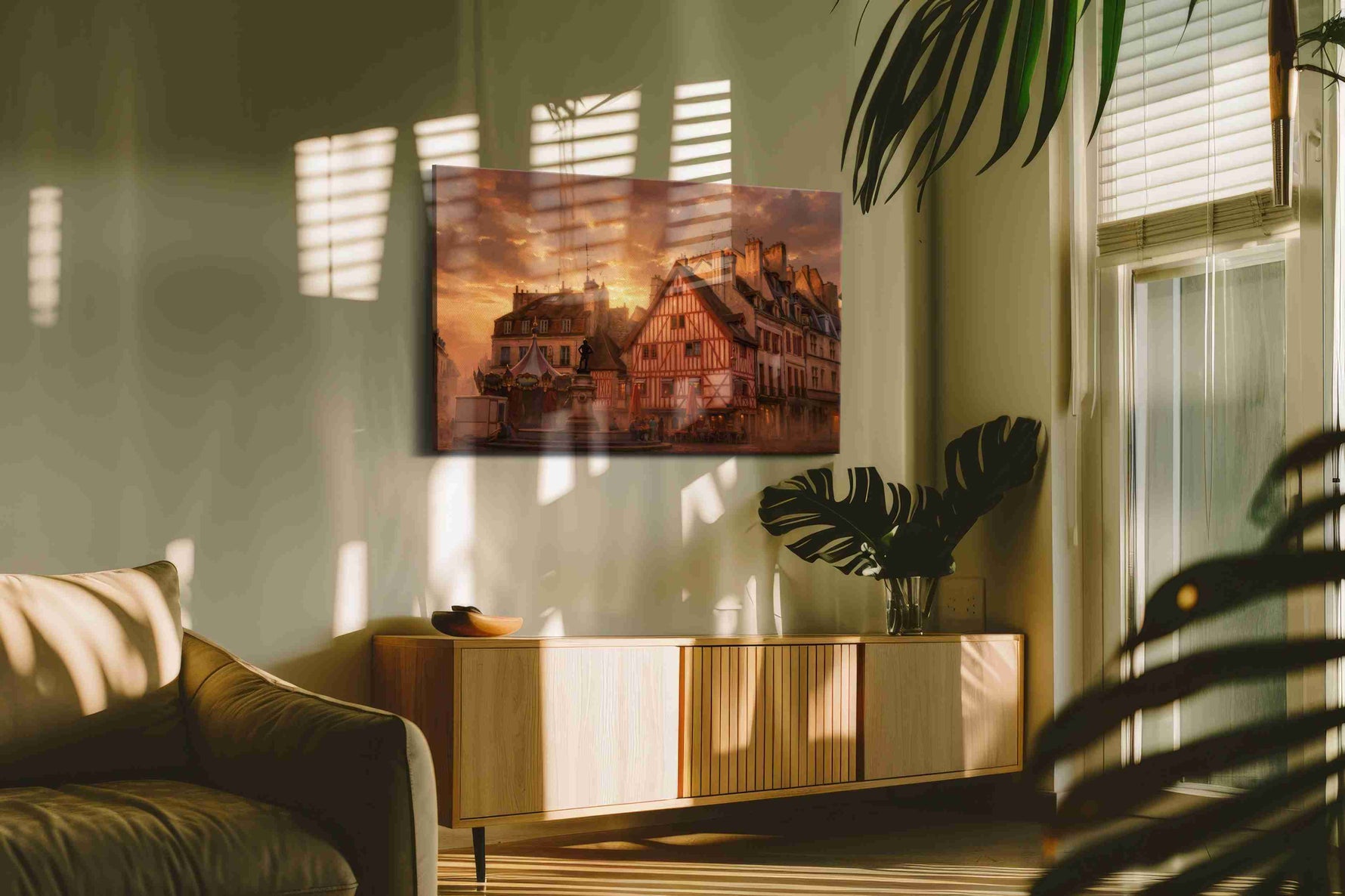 Emberlight Over Rouen Square landmark canvas wall art shown hanging in a styled interior