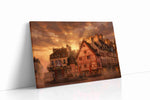 Emberlight Over Rouen Square landmark canvas wall art displayed above a bed in a contemporary bedroom