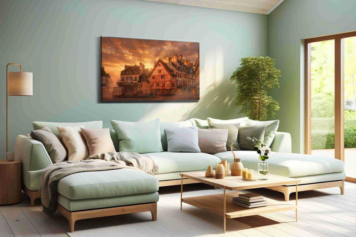 Emberlight Over Rouen Square landmark canvas wall art shown in a wall scene