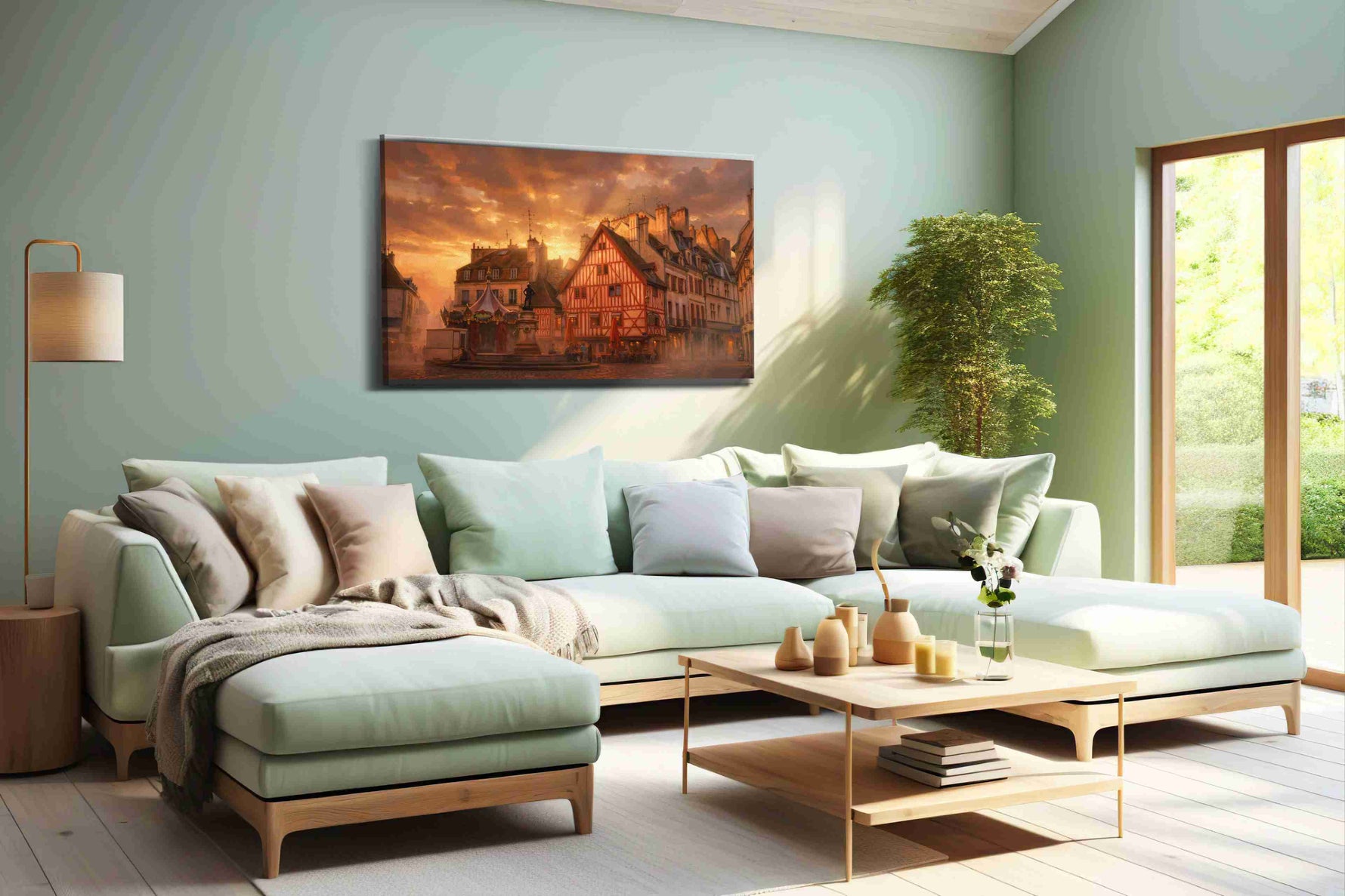 Emberlight Over Rouen Square landmark canvas wall art shown in a wall scene