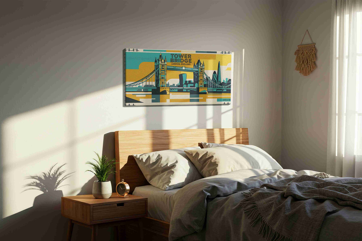 Golden Thames Sentinel landmark canvas wall art displayed above a bed in a styled bedroom scene